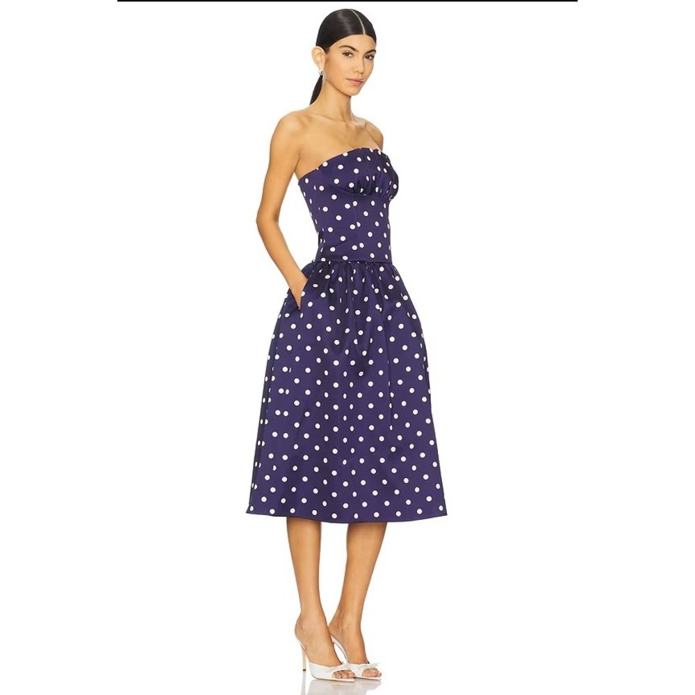 Self-Portrait Navy Polka Dot Satin Midi Dress Strapless Formal Nautical Preppy 8